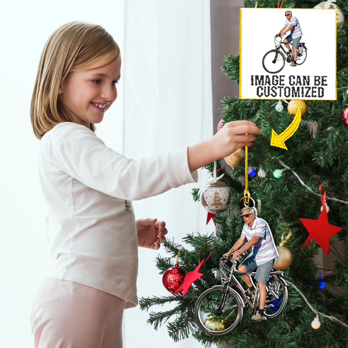 Teesdily | Customized Old Man Cycling Christmas Ornament Grandpa Gift Hanging Ornament Cyclist Gift Home Decoration Custom Photo Ornament Two Sided