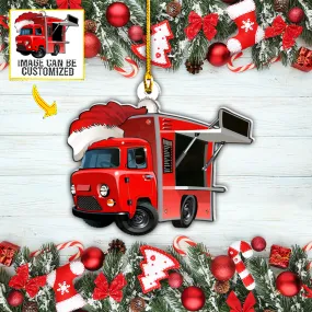 Teesdily | Customized Photo Christmas Red Truck Car Pendant Hanging Truck Driver Xmas Car Charms Custom Photo Ornaments Christmas Gift For Truckers