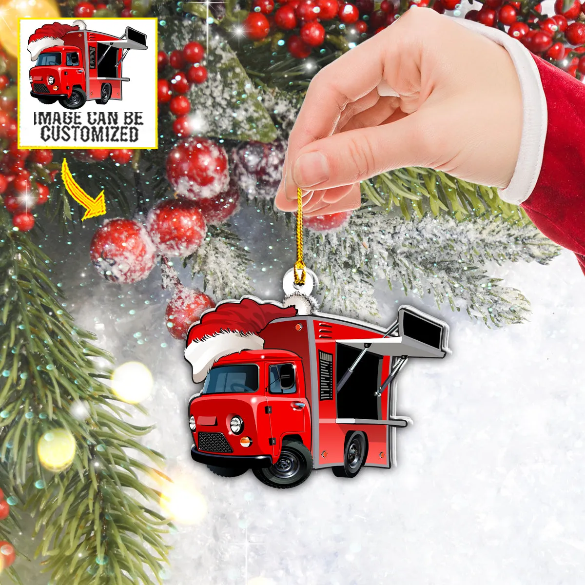 Teesdily | Customized Photo Christmas Red Truck Car Pendant Hanging Truck Driver Xmas Car Charms Custom Photo Ornaments Christmas Gift For Truckers