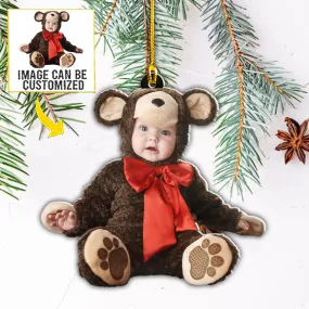 Teesdily | Customized Photo Kid Bear Ornament Cute Baby 1st Christ Ornament Personalized Custom Shaped Acrylic Photo Ornament First Xmas Gifts