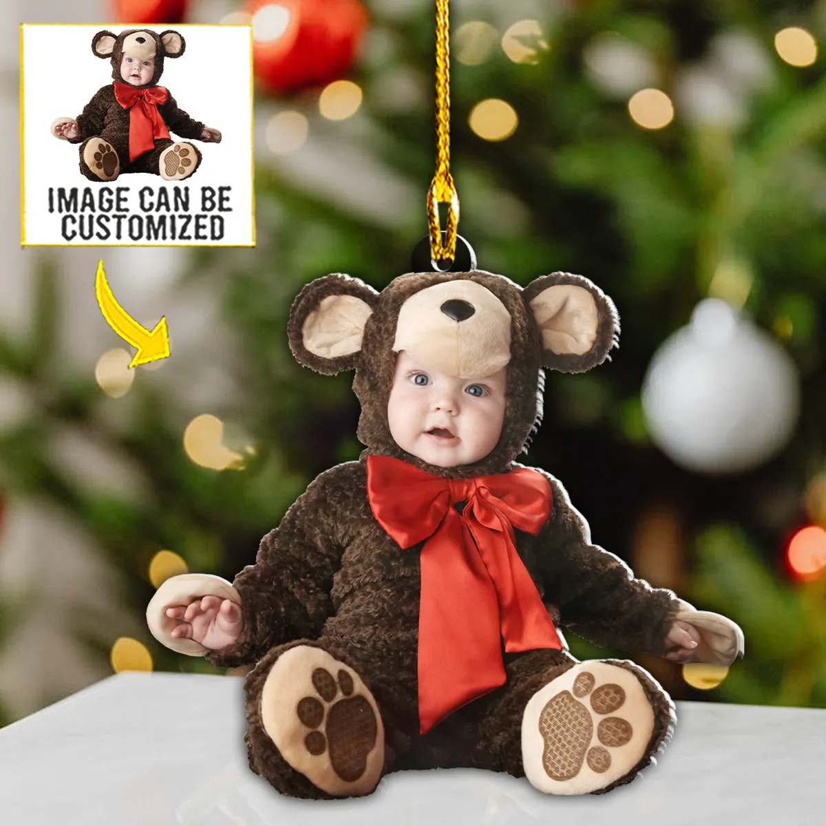 Teesdily | Customized Photo Kid Bear Ornament Cute Baby 1st Christ Ornament Personalized Custom Shaped Acrylic Photo Ornament First Xmas Gifts