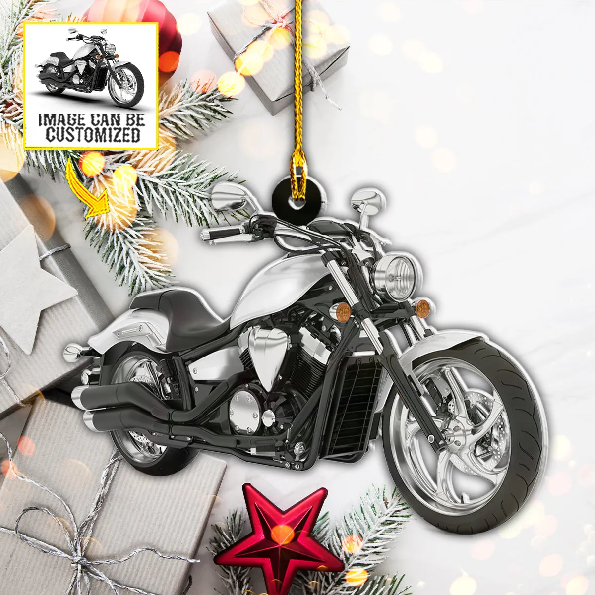 Teesdily | Customized Photo Motorcycle Christmas Rear View Mirror Hanging Motorbike Car Ornament Gift For Motor Bikers Racers Speed Lovers