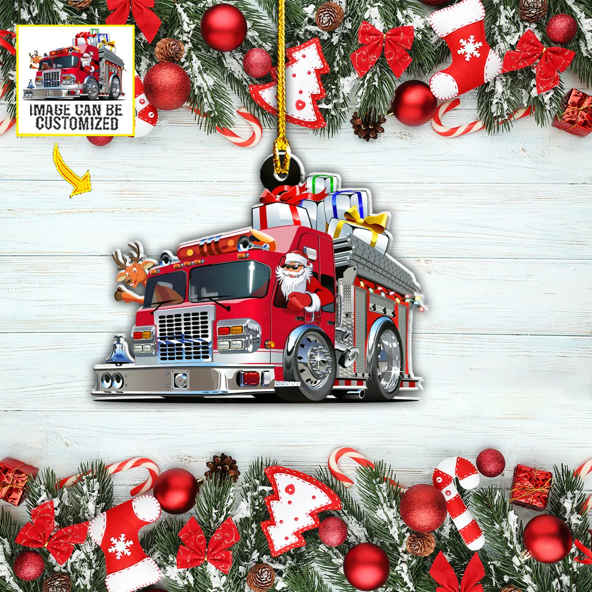 Teesdily | Customized Photo Santa Claus Driver Car Pendant Hanging Red Truck Christmas Car Charms Fire Truck Ornament Firefighter Fireman Gifts