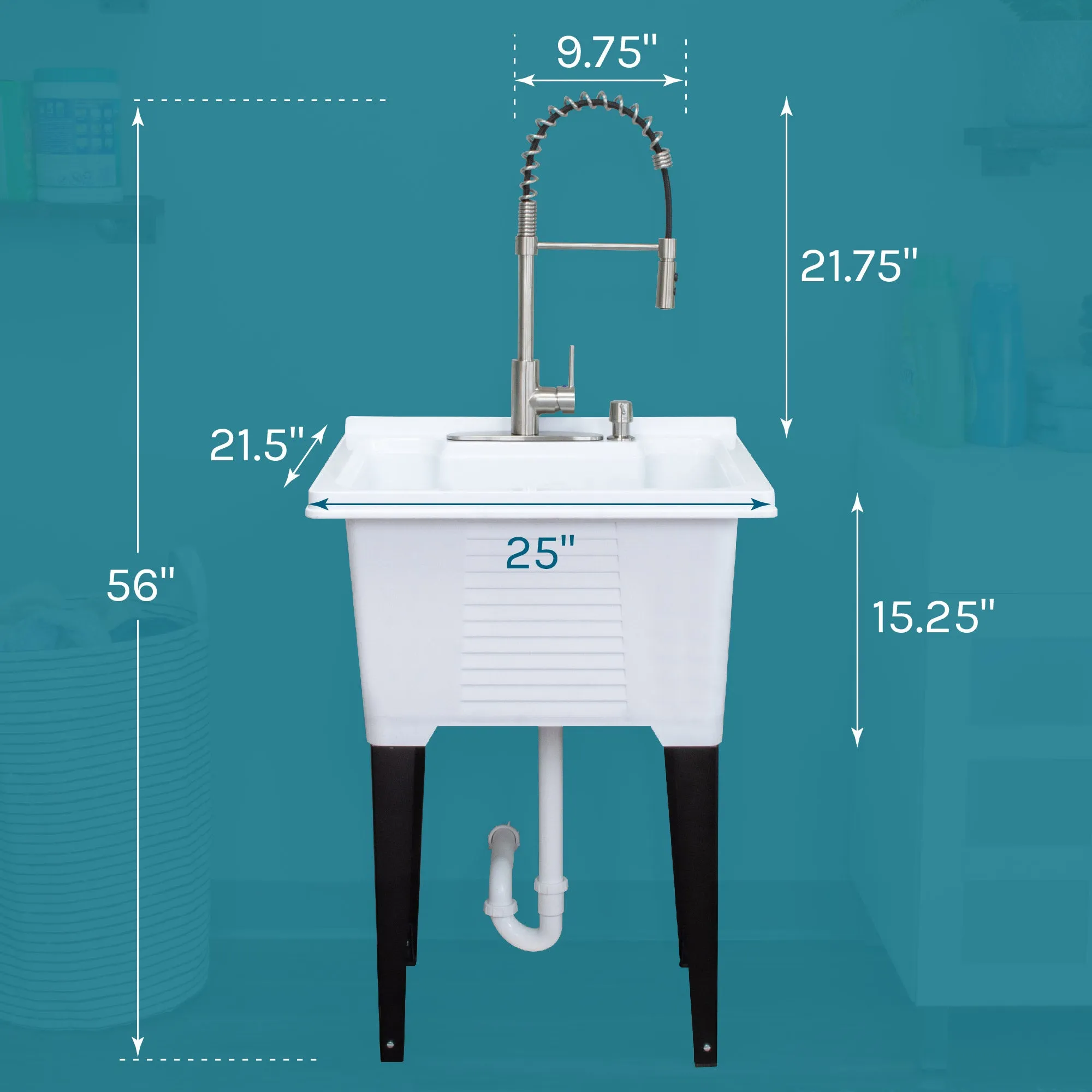 Tehila Luxe Freestanding White Utility Sink with Stainless Steel Finish High-Arc Coil Pull-Down Faucet