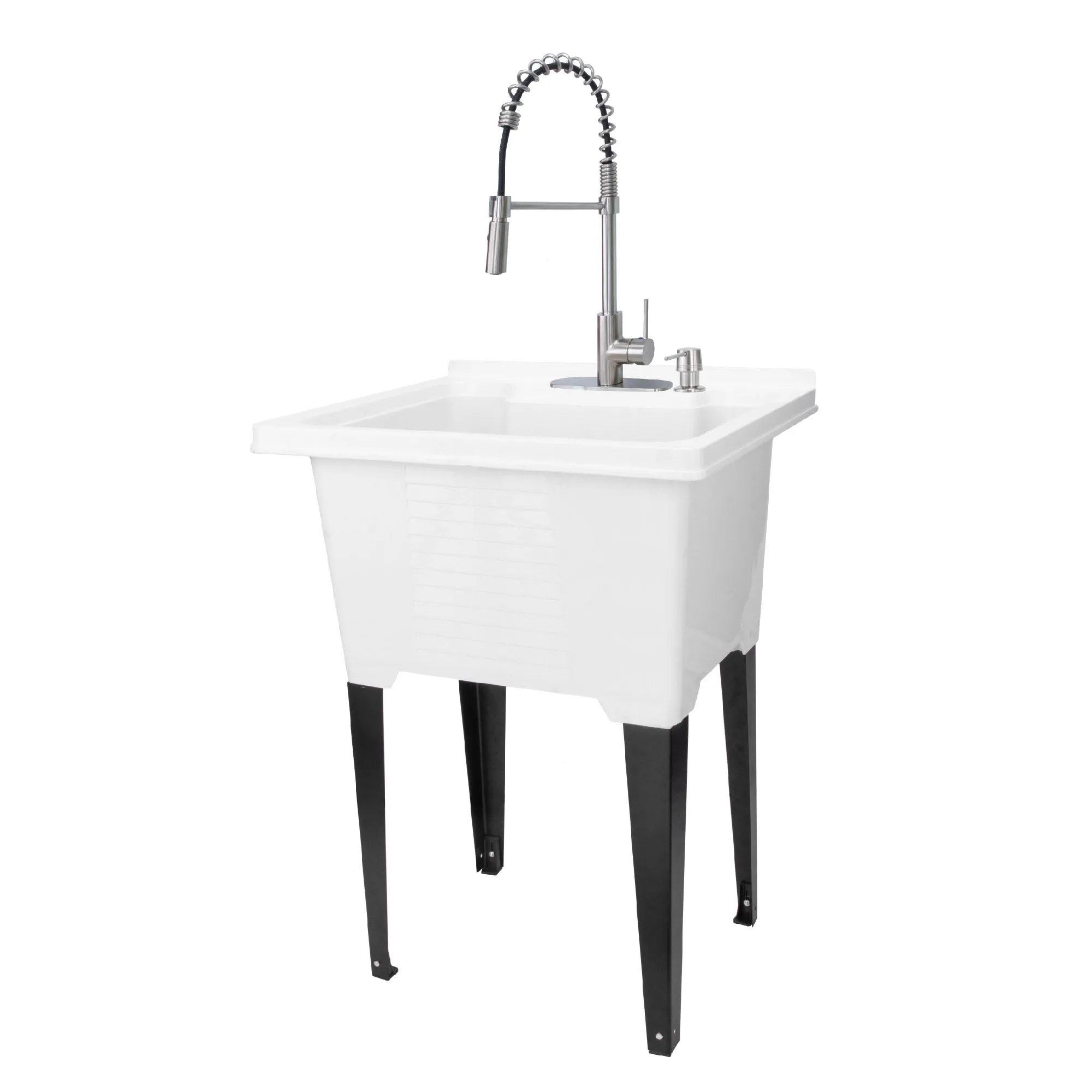 Tehila Luxe Freestanding White Utility Sink with Stainless Steel Finish High-Arc Coil Pull-Down Faucet