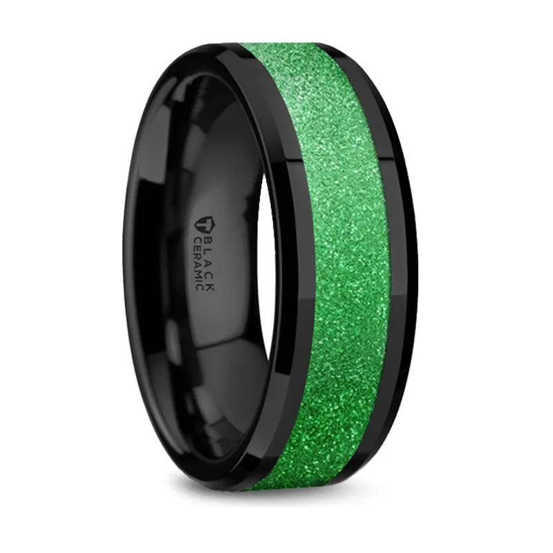 Thorsten Waikiki Black Ceramic Polished Beveled Edges Sparkling Green Inlay Men’s Wedding Band (8mm) W5978-TCSG