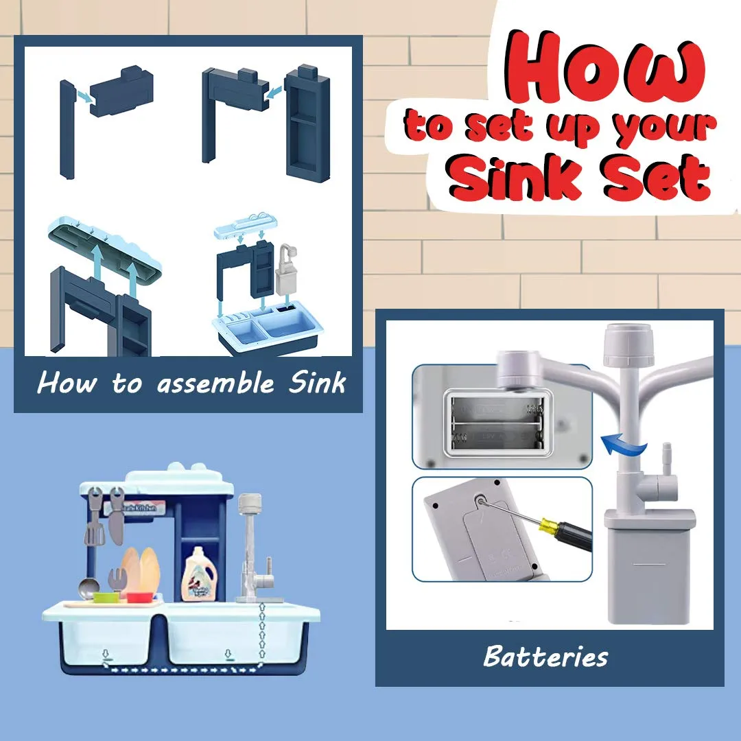 Toy Sink with Running Water and Dishes for Kids - 16 Kitchen Sink Recycles Water