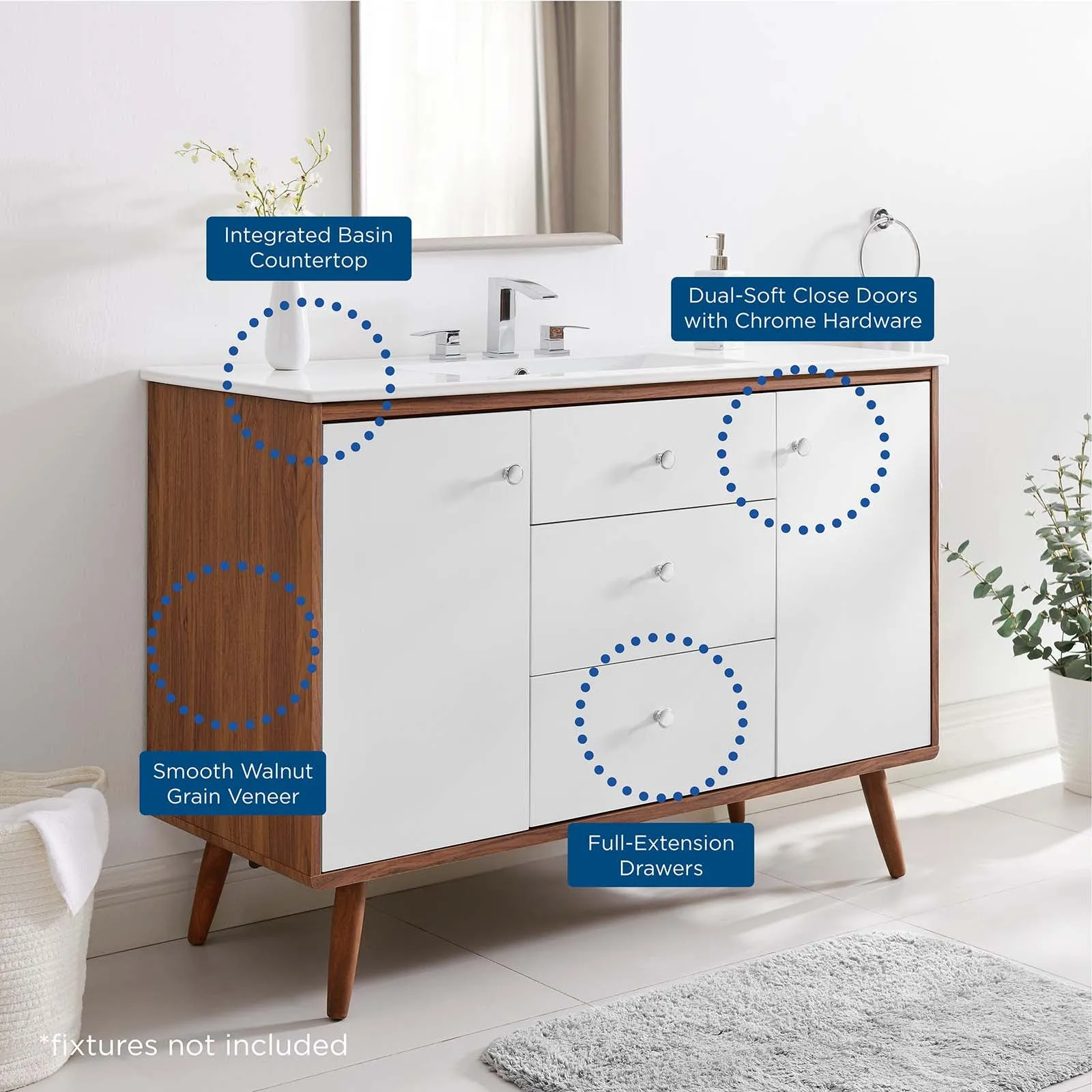 Transmit 48" Single Sink Bathroom Vanity Walnut White EEI-4438-WAL-WHI