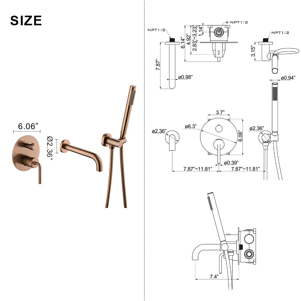 Wall Mount Rose Gold Tub Filler Bathtub Faucet with Sprayer RB0878